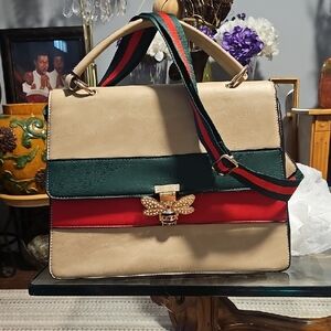 Chic Beige Satchel/Crossbody with Green and Red Stripes - NWOT